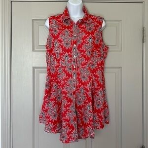 Cino Women’s Cotton Red Floral Print Collared Neck Sleeveless Shift Dress Size L